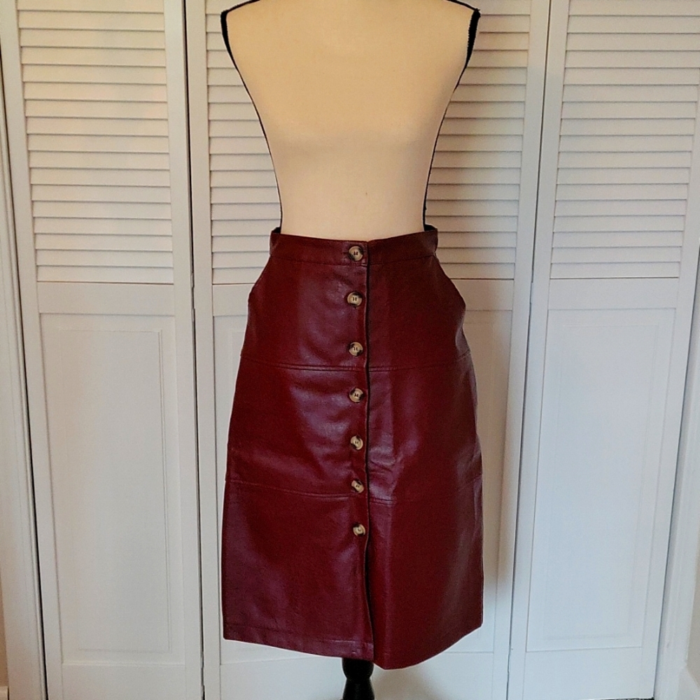 BOHME BURGUNDY FAUX LEATHER MIDI SKIRT NWT
